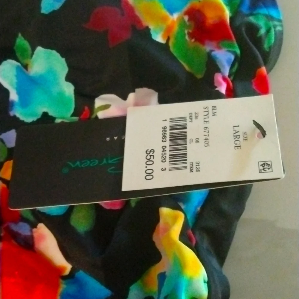 One-Piece Swimsuit 50‎ UPF  ring back floral SZ L floral ruched waist black